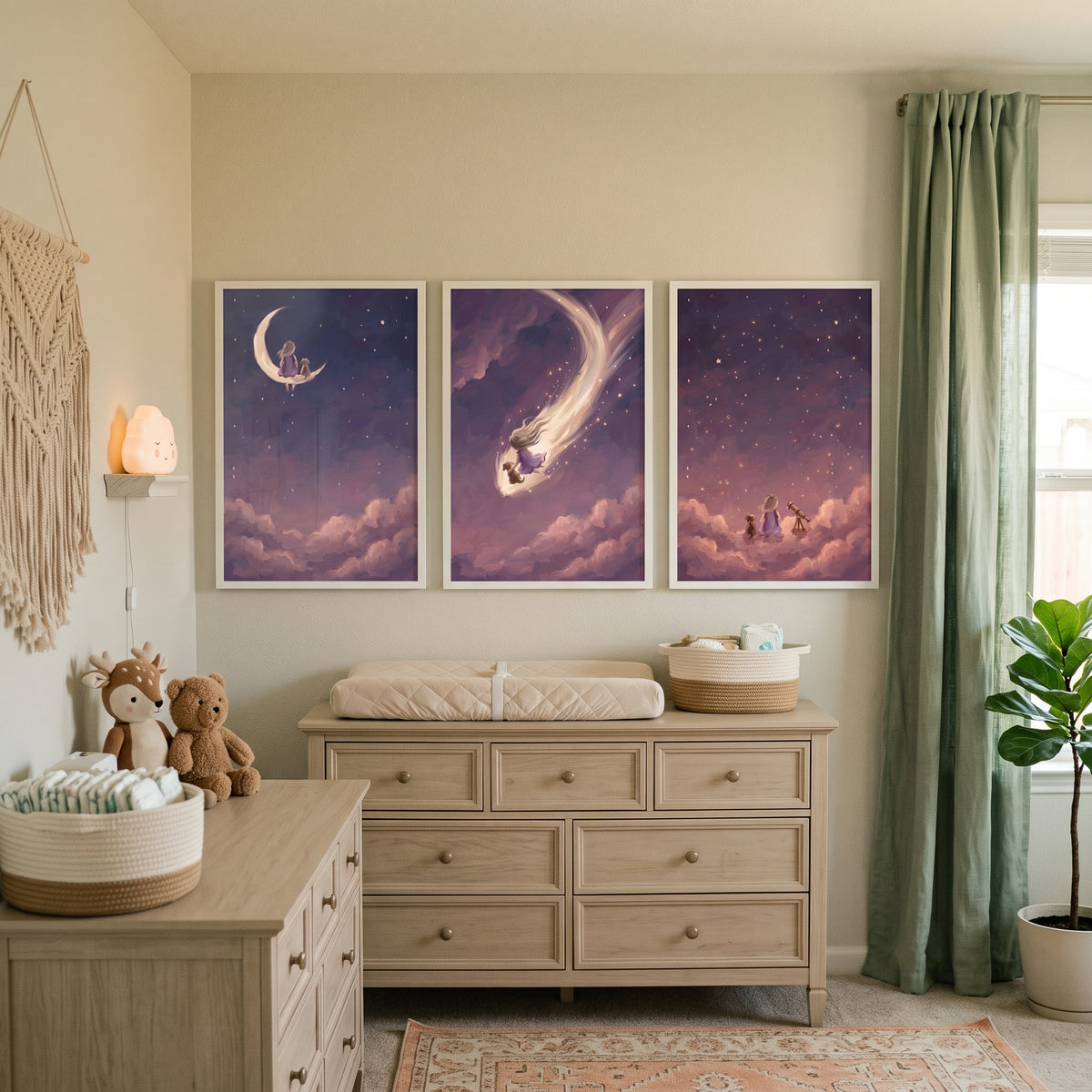 Twinkling Galaxy Girl Dog Wall Art Set of 3 - Starlit Cloud Adventure