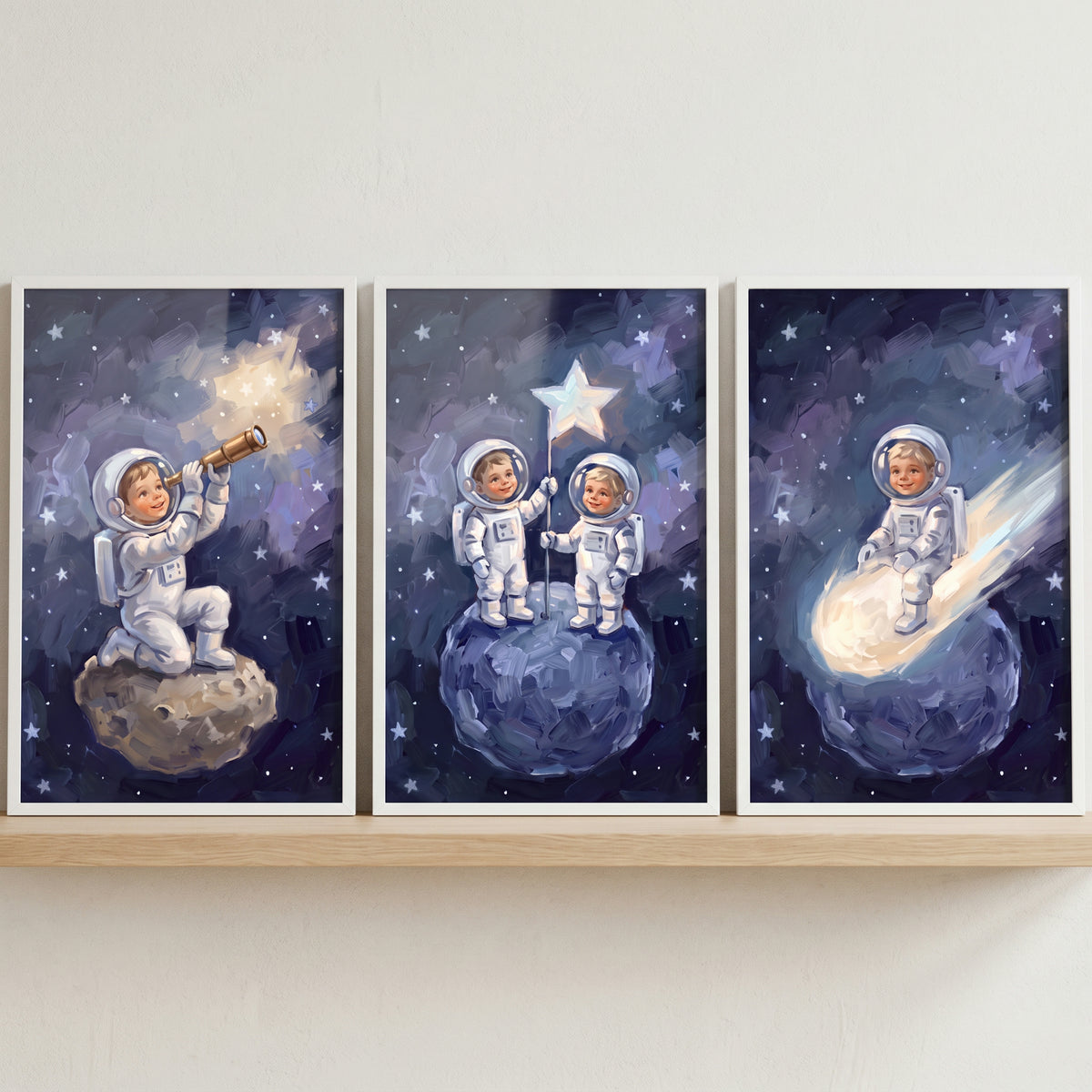 Twinkling navy child astronaut wall art set of 3 shows kids in space suits on asteroids and comets in a deep blue sky.