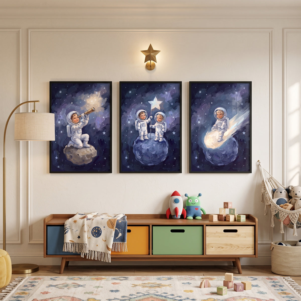Twinkling Navy Child Astronaut Wall Art Set of 3 - Cosmic Star Quest