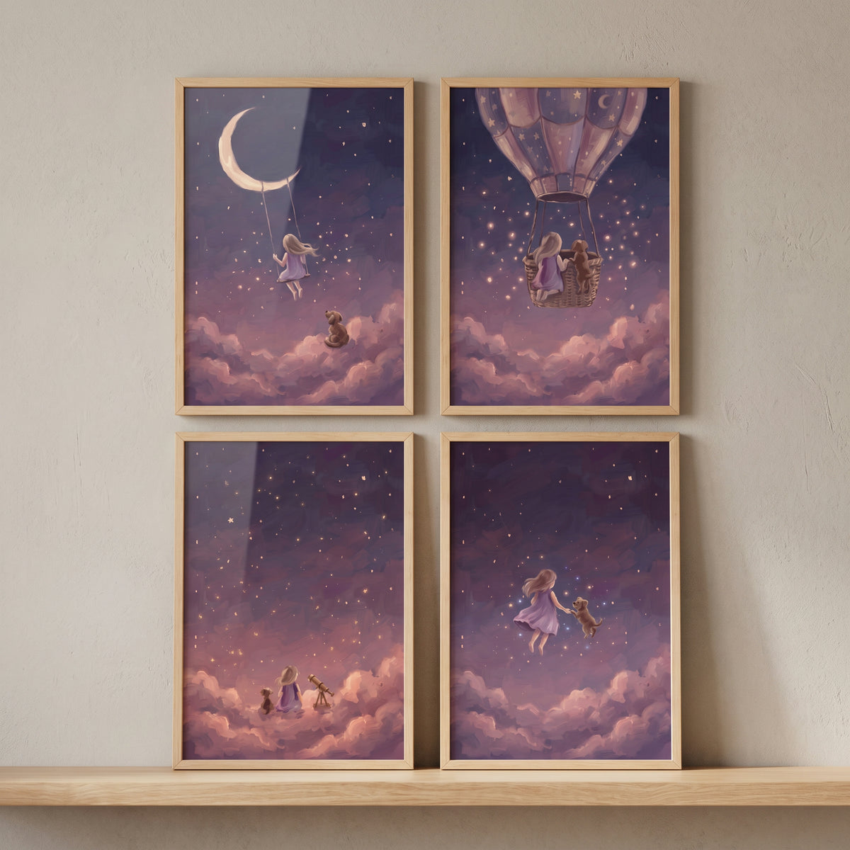 Twinkling purple girl dog wall art set of 4 features starry scenes with a crescent moon, telescope, and hot air balloon.