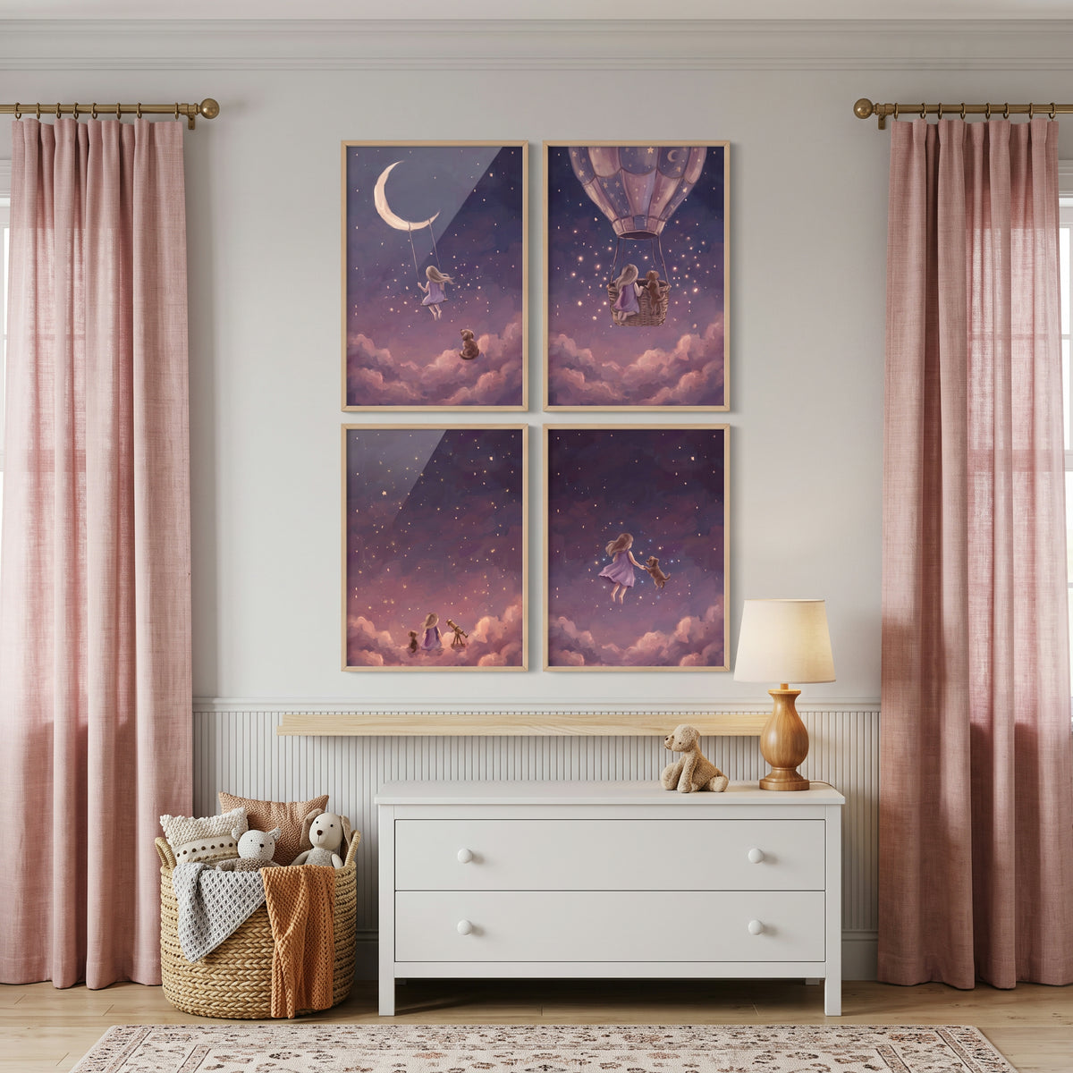 Twinkling Purple Girl Dog Wall Art Set of 4 - Dreamy Moon Travels