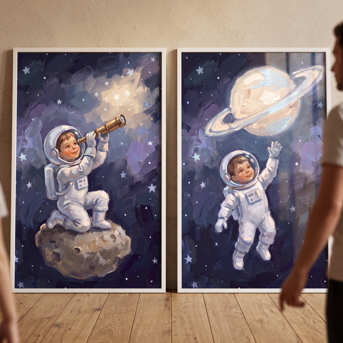 Twinkling star baby astronaut wall art set of 2 featuring a child in a spacesuit with a telescope and a ringed planet.
