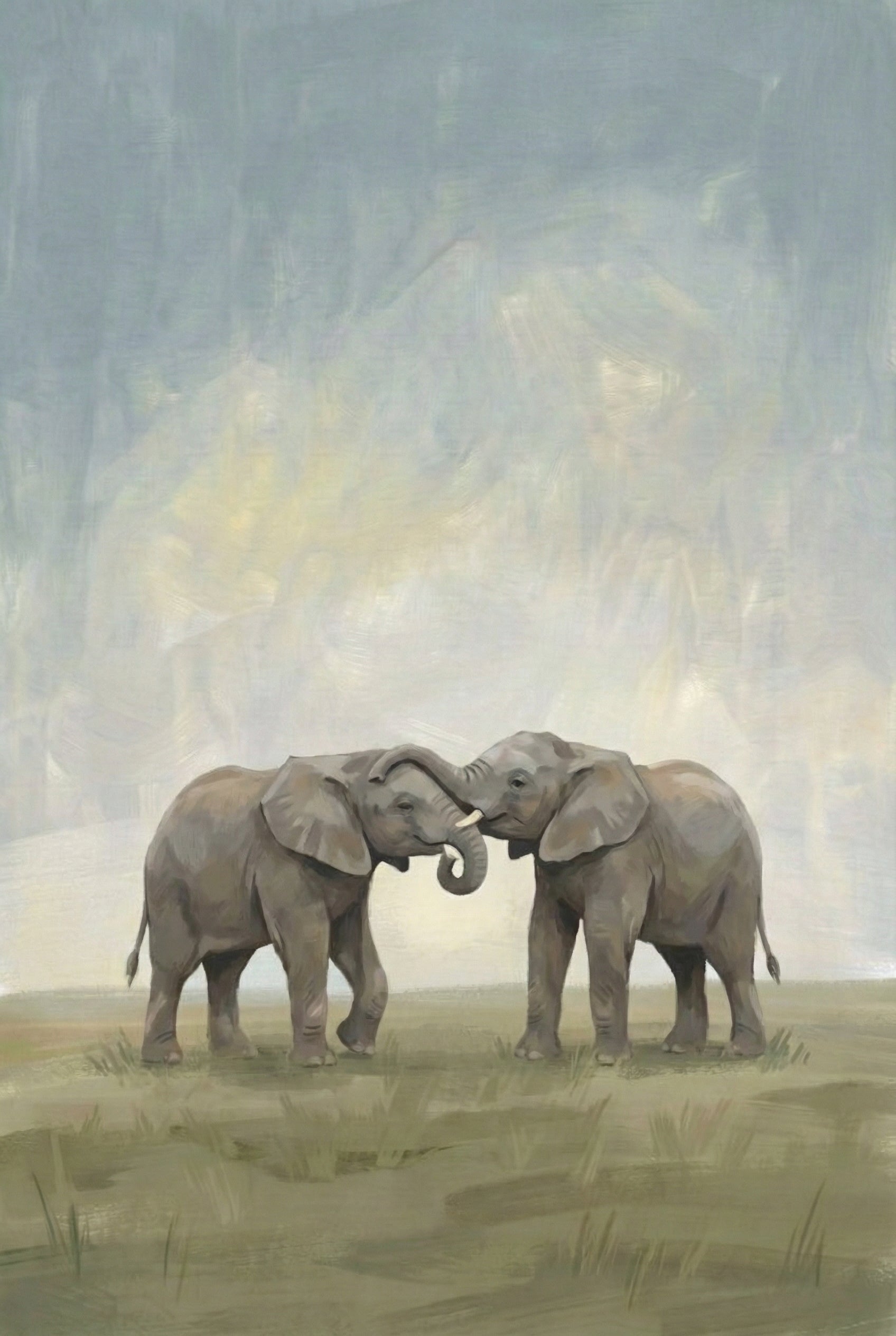 Two Elephants Soft Muted Tones Wall Art - Elephant Embrace