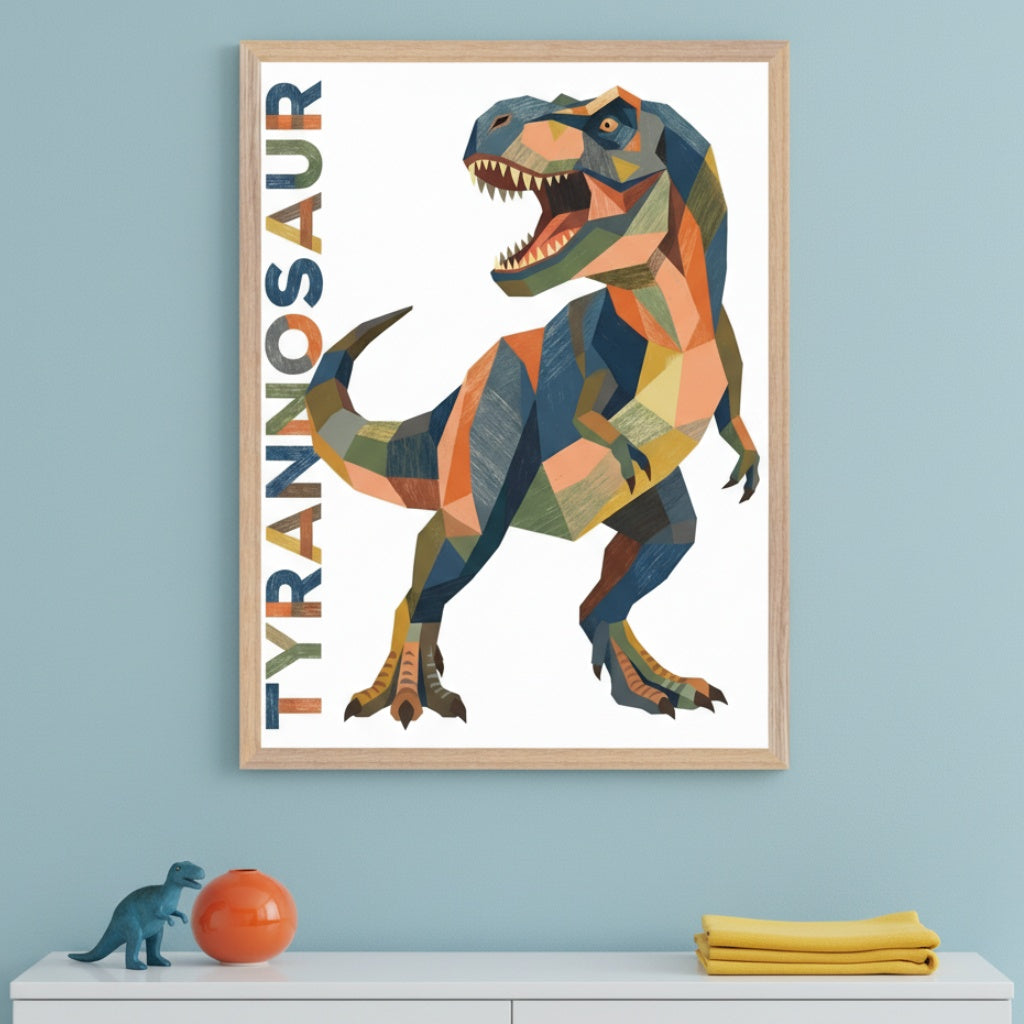 Kid's bedroom with a blue wall and white dresser. A framed print of a colorful, geometric Tyrannosaurus Rex and "TYRANNOSAUR" text hangs centered above the dresser. A blue dinosaur toy, orange sphere, and yellow towels are on the dresser.