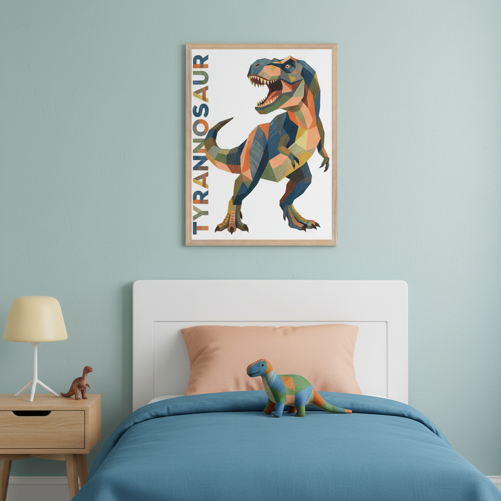 Kid's bedroom with a white single bed and wooden nightstand. A framed print of a colorful, geometric T-Rex and the word "TYRANNOSAUR" hangs above the bed on a light blue wall. A dinosaur plush toy is on the bed and a small dinosaur figurine is on the nightstand next to a lamp.