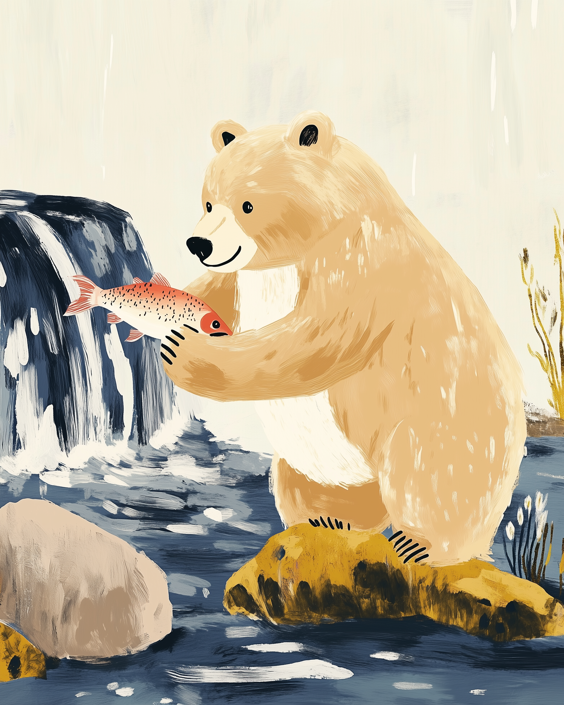 A light brown bear stands on a rock in a river holding a pink trout near a waterfall, with water flowing around and cattails growing nearby.