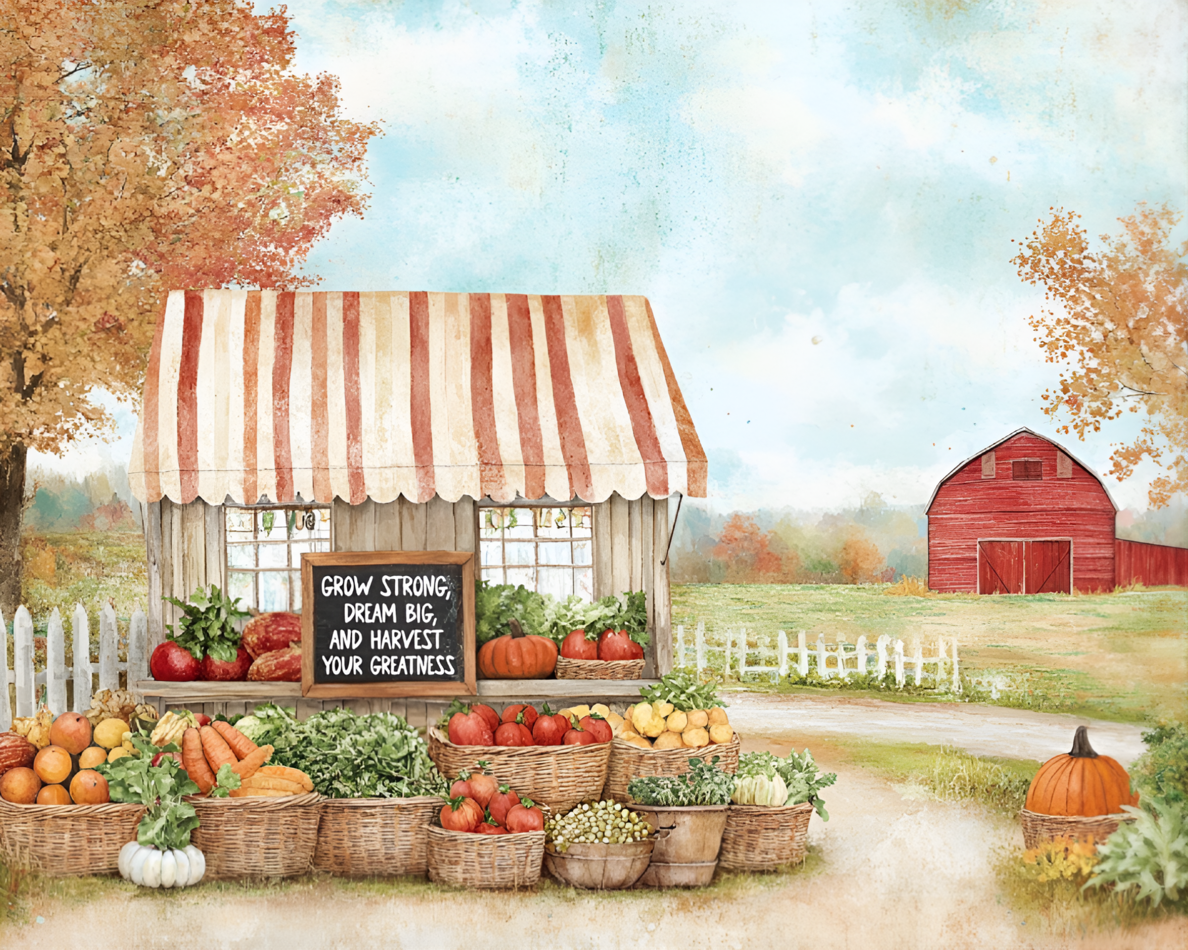 A rustic produce stand with a red-and-white striped awning displays baskets of vegetables and fruits in front of a chalkboard sign reading “Grow strong, dream big, and harvest your greatness,” with a red barn in the background.
