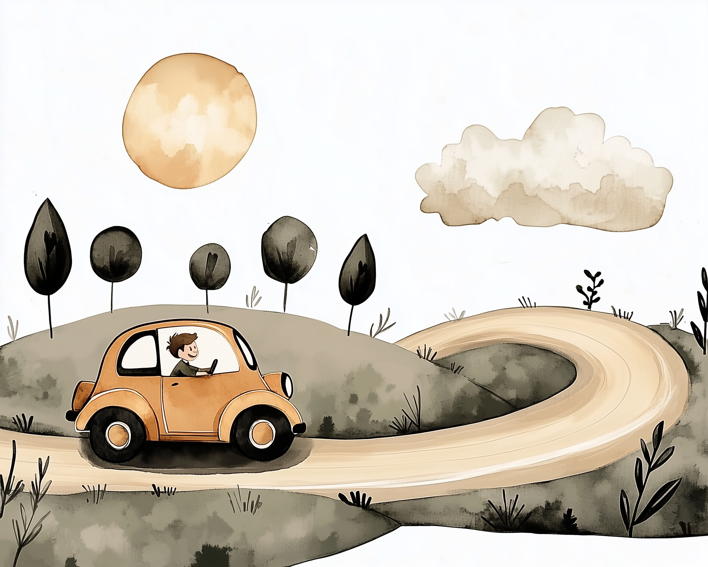 Playful watercolor-style illustration of a smiling child driving a small orange car along a winding road through rolling hills. Stylized trees, a soft cloud, and a warm sun create a calm, storybook-like countryside scene.
