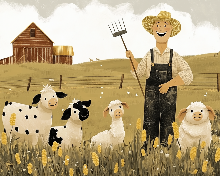 A cheerful farmer in overalls and a straw hat stands in a golden field holding a pitchfork, surrounded by four smiling sheep with fluffy wool and playful expressions. A red barn and distant animals dot the rolling hills in the background, adding charm to this whimsical farm scene.