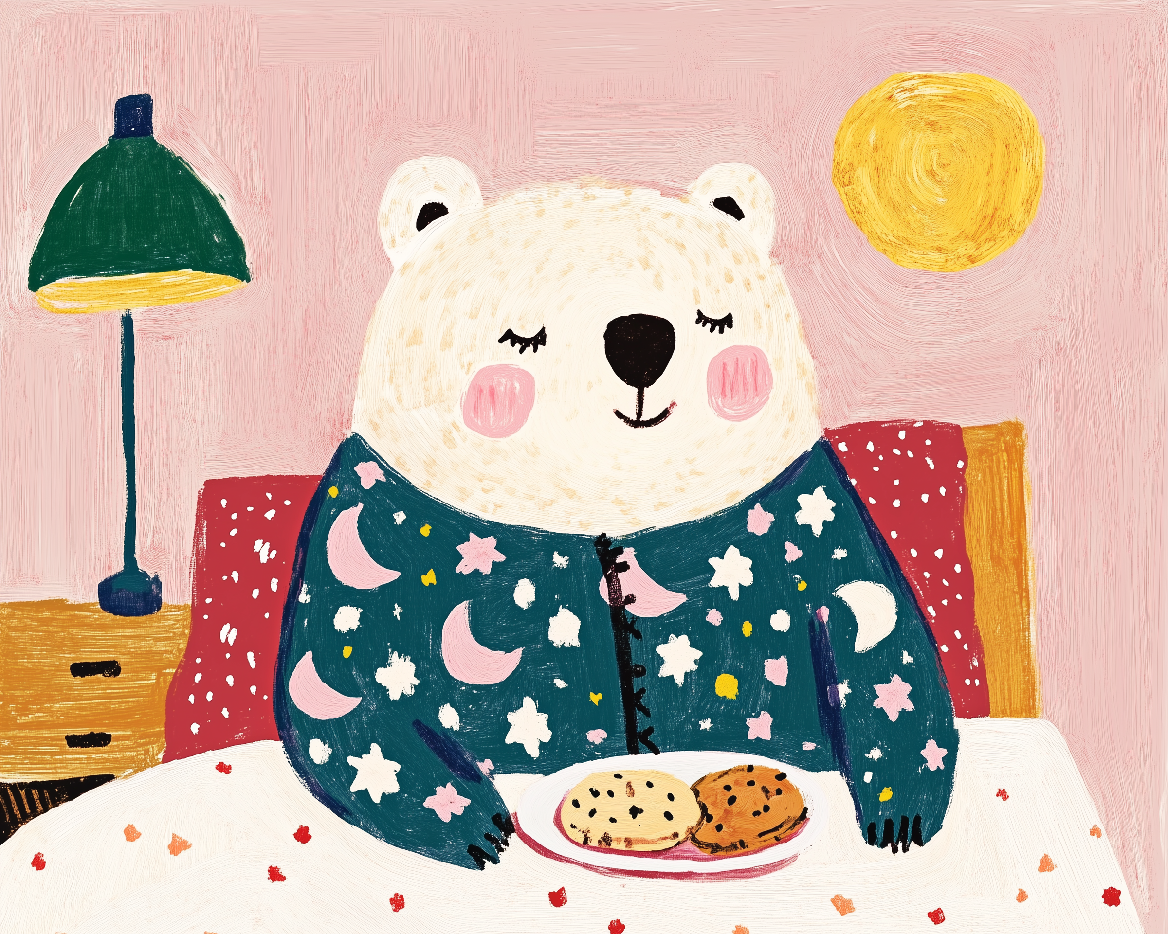 Colorful illustration of a white bear in starry moon pajamas sitting at a table with a plate of cookies, eyes closed in contentment. The cozy scene features a pink background, a green lamp, and a glowing yellow moon, creating a warm bedtime atmosphere.