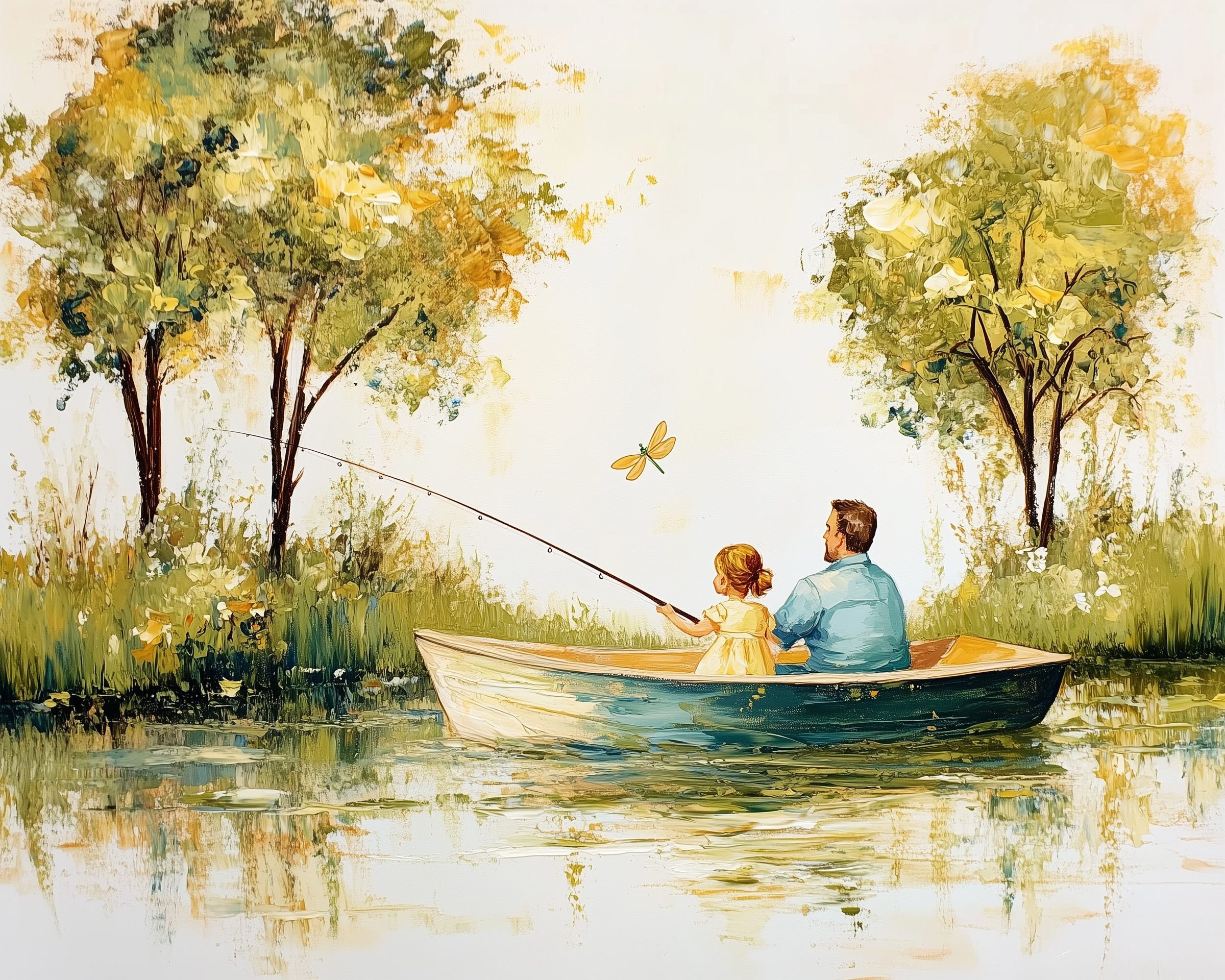 Fishing Serenity Wall Art for Nursery, Playroom or Kids Bedrooms - Father and Daughter in Boat with Dragonfly, Nature Scene - Creekside Tales