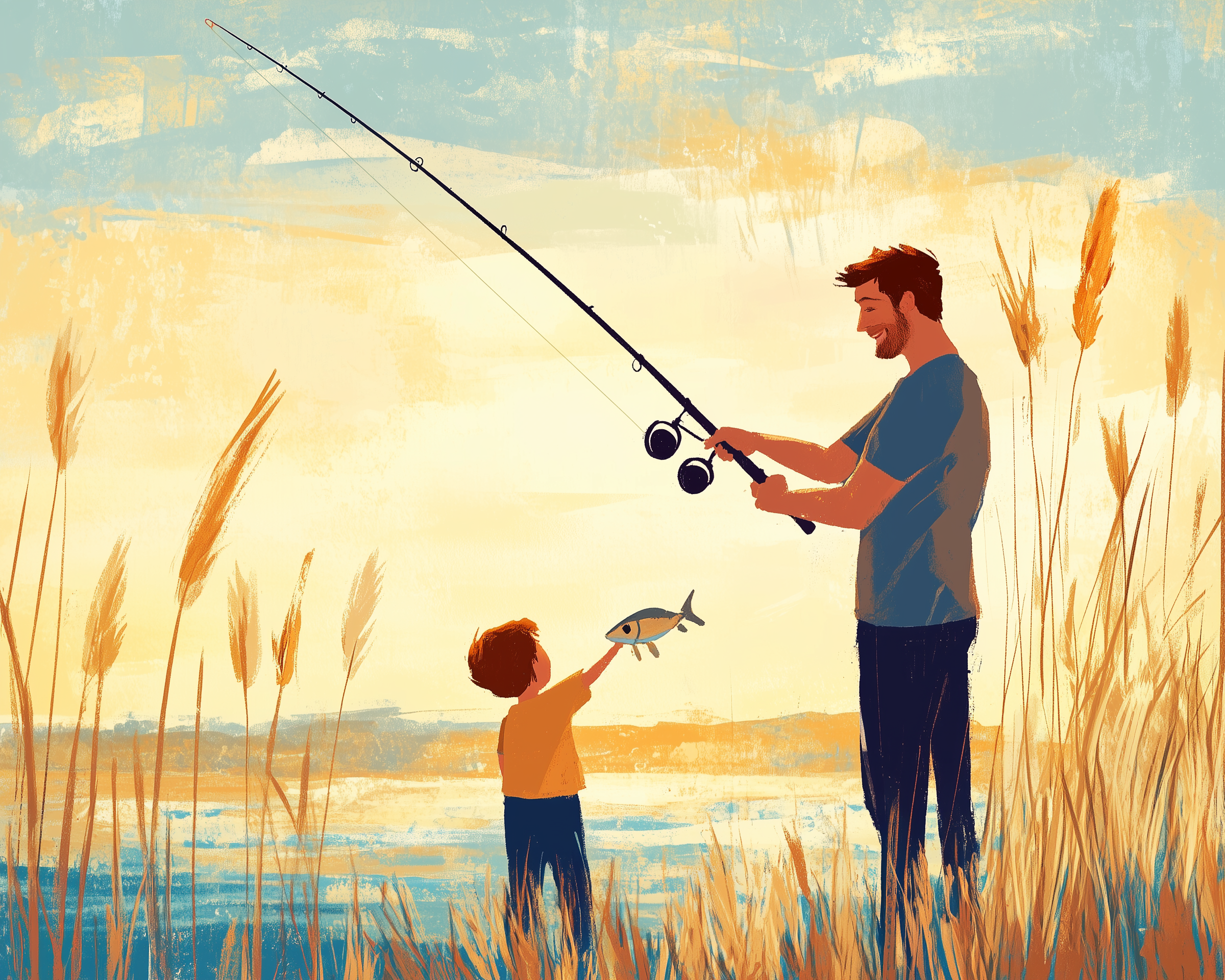 A father teaches his young son how to fish by a lake at sunset, with tall golden grasses around them and the child holding up a small fish.
