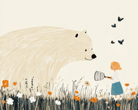 Minimalist-style illustration of a giant cream-colored bear gently watching a young girl holding a butterfly net in a wildflower meadow. Several black butterflies flutter nearby, adding a whimsical and peaceful touch to the nature-filled scene.