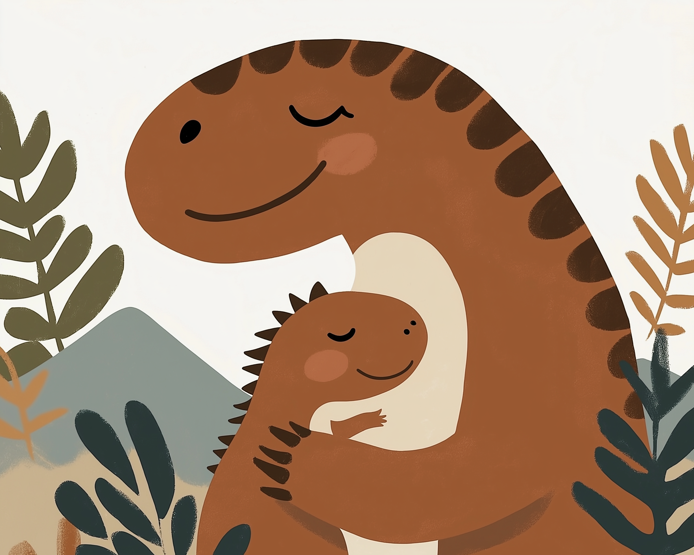 A large dinosaur cuddles a smaller one with closed eyes and peaceful expressions, surrounded by simple foliage and distant mountains.
