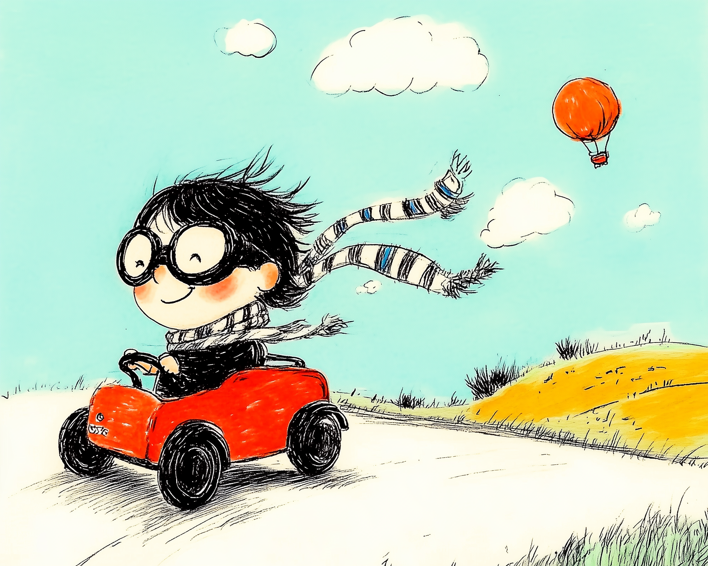 Whimsical illustration of a smiling child with big glasses and a striped scarf blowing in the wind, driving a small red toy car down a winding road. A bright orange hot air balloon floats in the sky above a grassy hill, adding to the playful and adventurous mood.