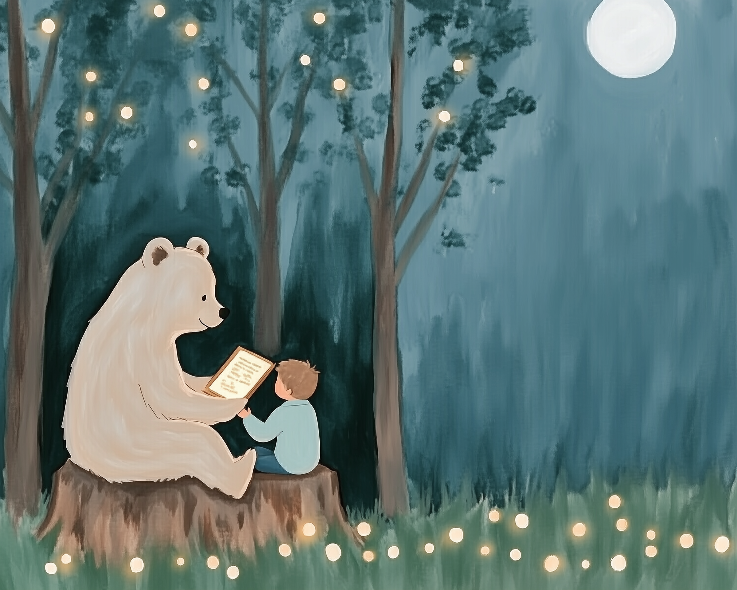 Soft watercolor-style illustration of a white bear reading a book to a young child in a moonlit forest, surrounded by glowing string lights and tall trees. The serene nighttime setting creates a magical and comforting bedtime story moment.