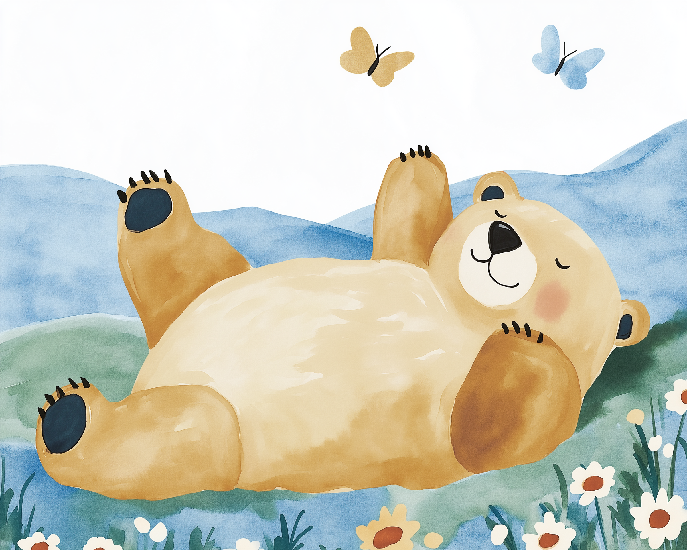 Cheerful watercolor-style illustration of a smiling bear lying on its back in a flower-filled meadow with paws in the air, surrounded by butterflies and rolling blue hills. The peaceful setting and relaxed pose give a joyful, carefree vibe.