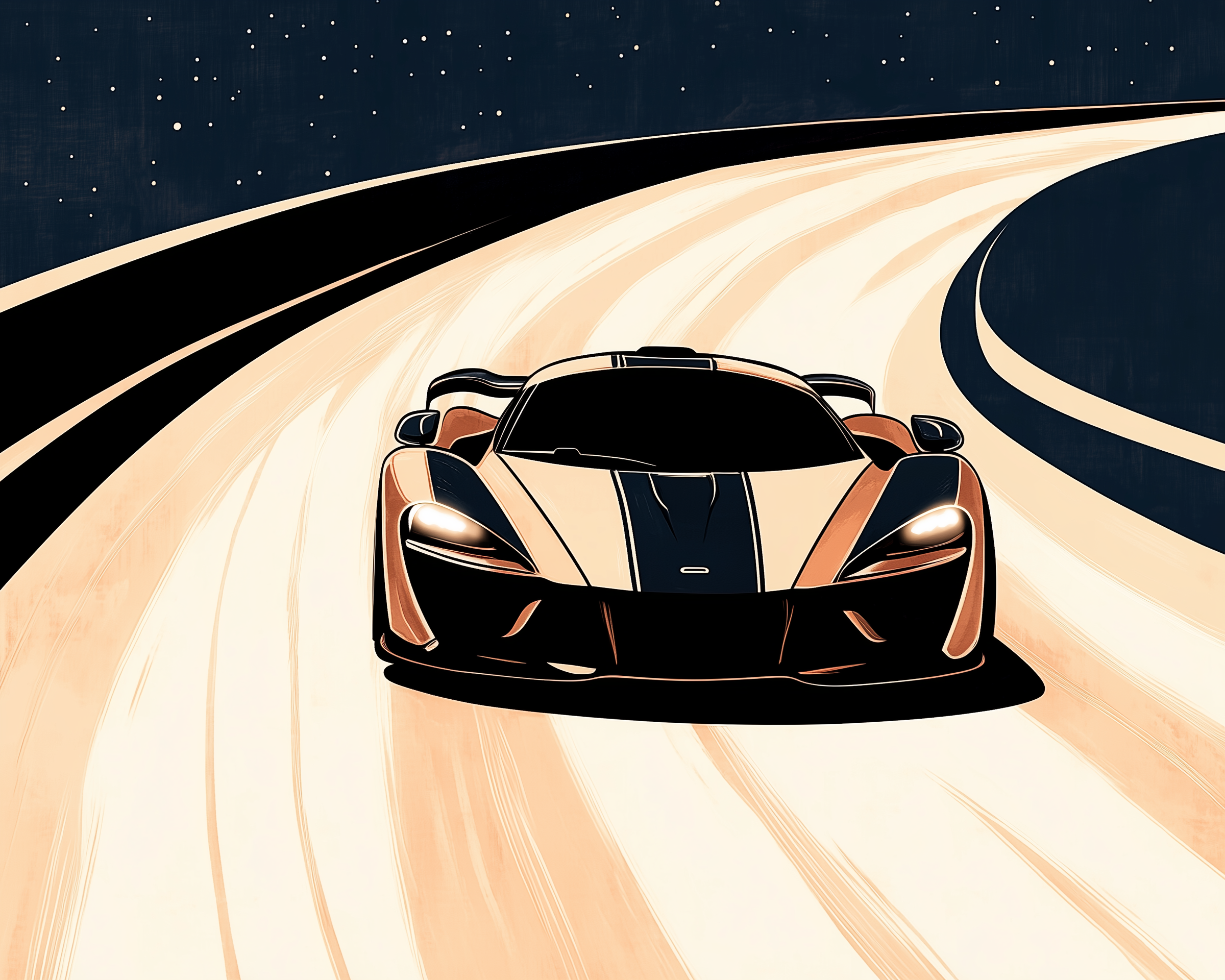 Illustrated supercar speeding along a winding track under a starry night sky, with dramatic lighting and bold contrast highlighting its sleek, aerodynamic design. The scene captures motion and power as the car hugs the curve of the road.