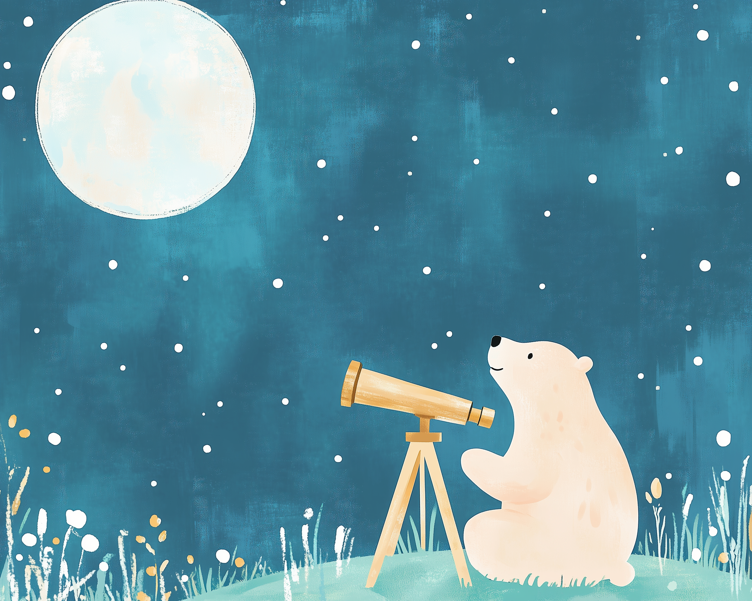 Whimsical illustration of a white bear sitting on a grassy hill under a starry sky, gazing through a wooden telescope at a large glowing moon. The peaceful nighttime scene evokes curiosity and wonder, surrounded by soft plants and scattered stars.