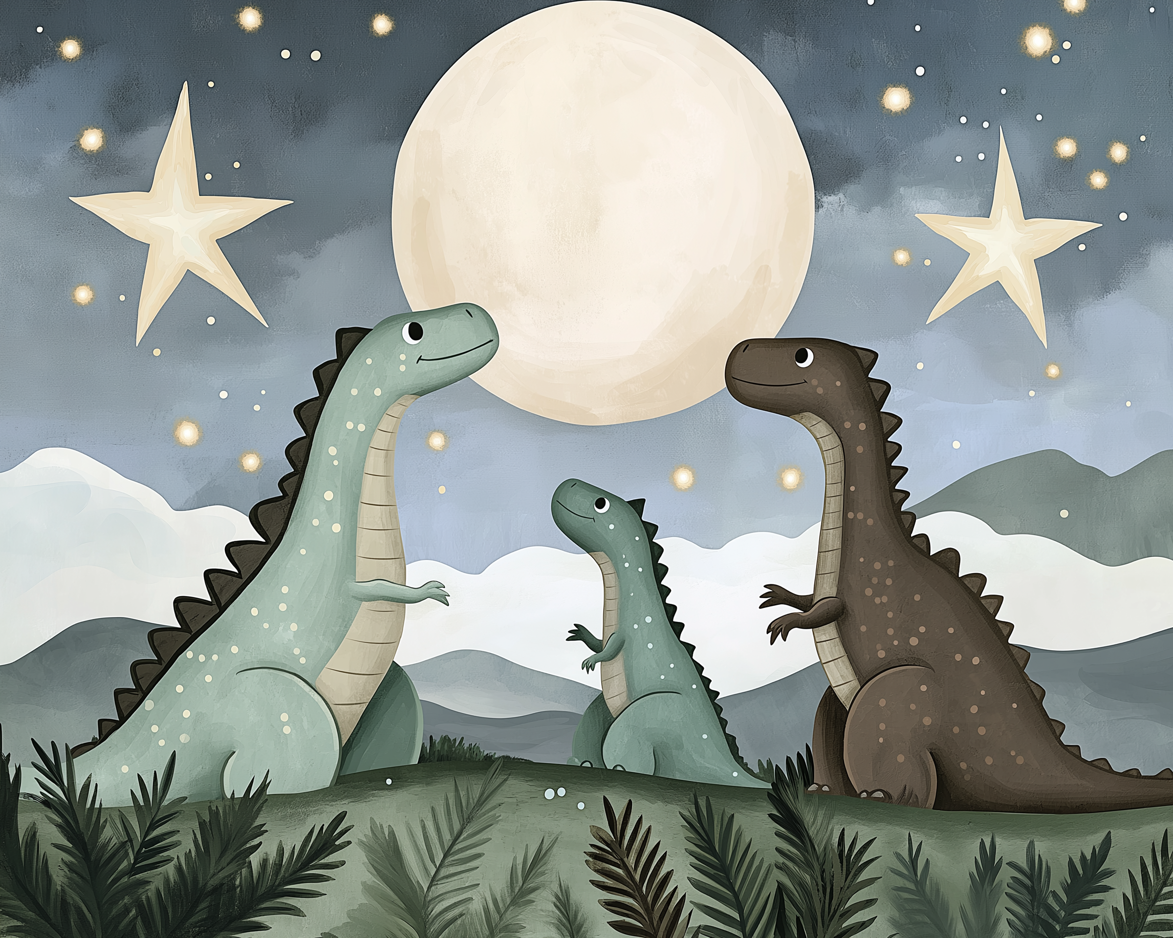 Two adult dinosaurs and a baby dinosaur look up at a glowing full moon surrounded by stars and soft clouds, standing on a grassy hill.