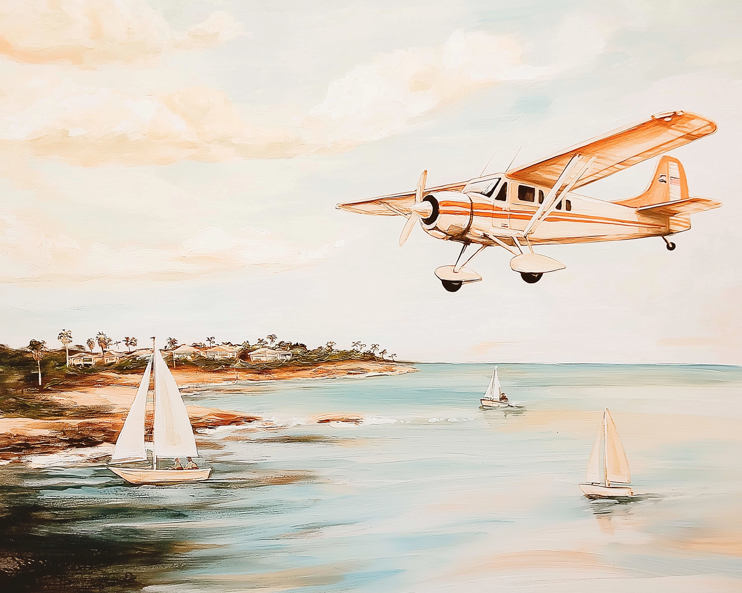 Airplane Wall Art for Nursery, Playroom or Kids Bedrooms - Vintage Seaplane Flying Over Coastal Waters with Sailboats Decor - Coastal Soar