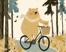 Charming illustration of a large bear wearing a floral scarf, riding a bicycle through a forest with a small bear cub sitting happily in a front basket. Soft earthy tones, fluttering butterflies, and tall trees create a warm, whimsical woodland adventure.