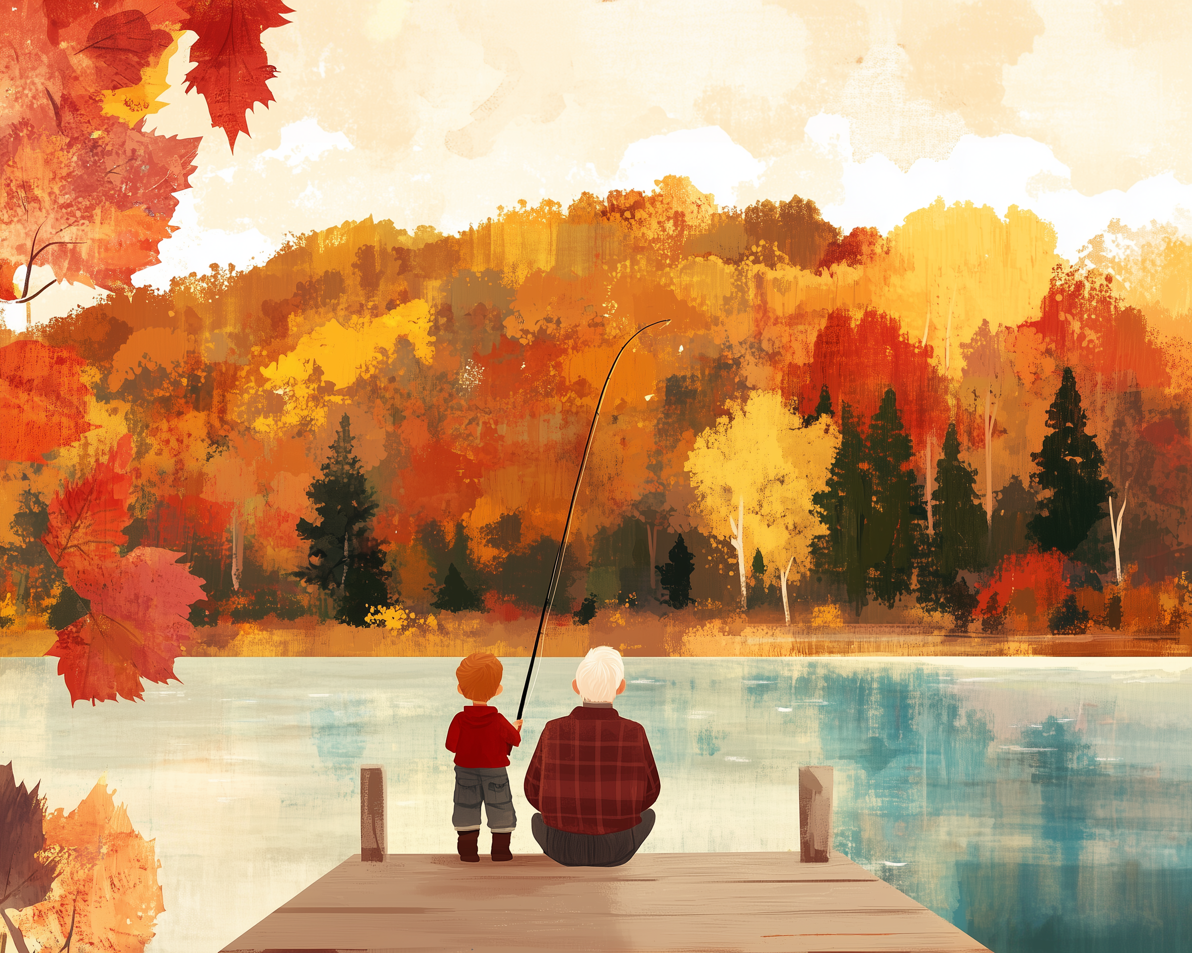 A grandparent and child fish side by side on a wooden dock overlooking a lake surrounded by vibrant fall foliage in deep reds, oranges, and yellows.
