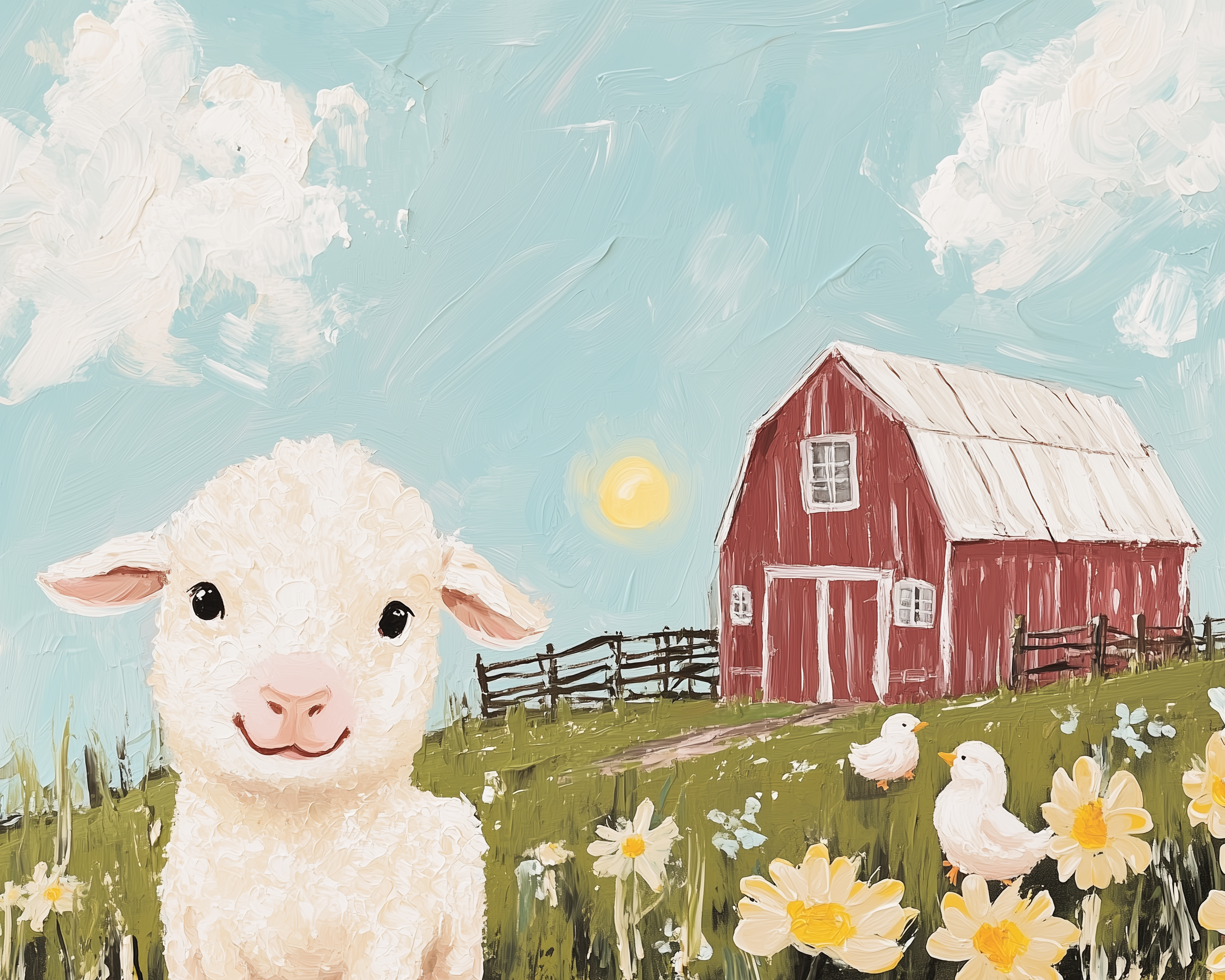Farm Friends Wall Art for Nursery, Playroom or Kids Bedrooms - Adorable Baby Lamb with Red Barn, Flowers, and Chicks - Little Lamb Lane