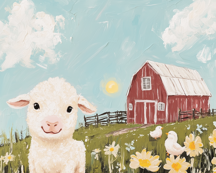 A close-up of a happy white lamb in a grassy field with daisies, a red barn, and fluffy white ducks in the background under a sunny blue sky.

