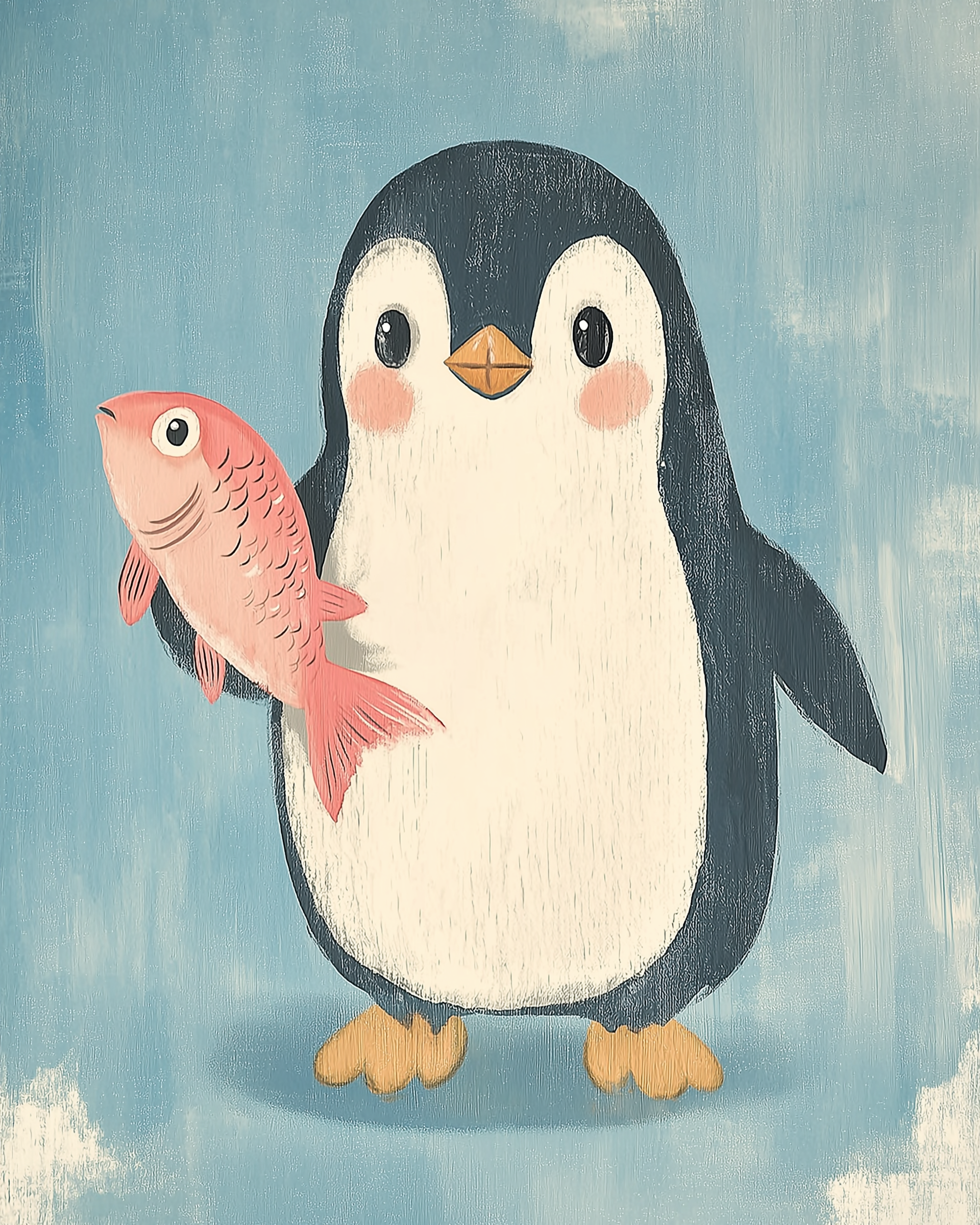 A cute cartoon penguin with rosy cheeks holds a pink fish while standing against a soft blue painted background.
