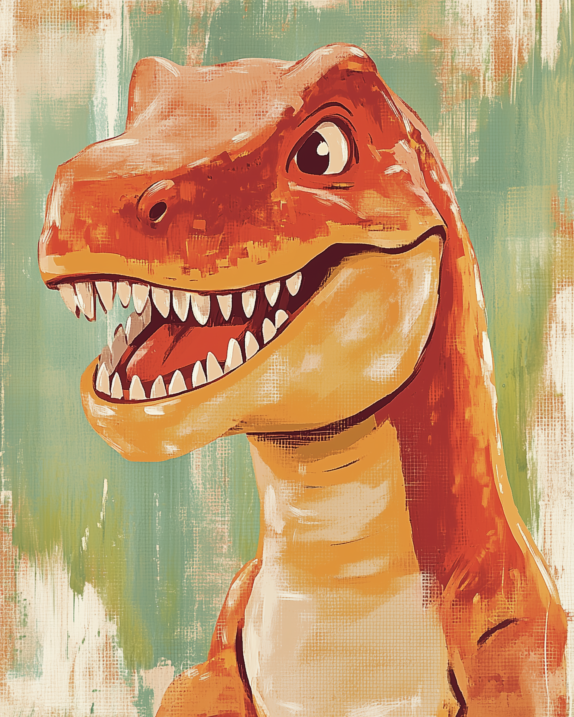 A bold orange T. rex grins widely, showing sharp teeth and expressive eyes, with a grungy green and tan background adding a vintage poster vibe.