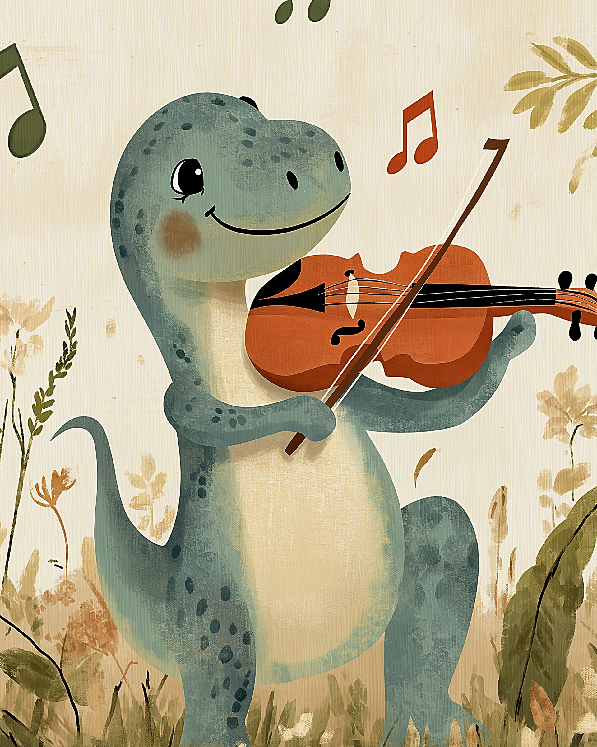 A joyful dinosaur stands upright, playing a violin as musical notes float in the air, surrounded by tall grass and soft floral elements.