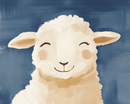 A close-up illustration of a fluffy white lamb with rosy cheeks and a peaceful smile, set against a blue textured background.

