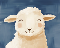 A close-up illustration of a fluffy white lamb with rosy cheeks and a peaceful smile, set against a blue textured background.
