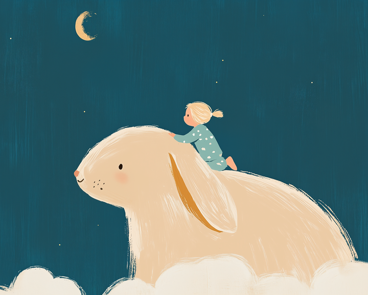 Whimsical illustration of a small child in pajamas climbing onto the back of a giant bunny surrounded by soft clouds, with a crescent moon glowing in a starry night sky. The dreamy scene evokes a sense of wonder, imagination, and bedtime magic.