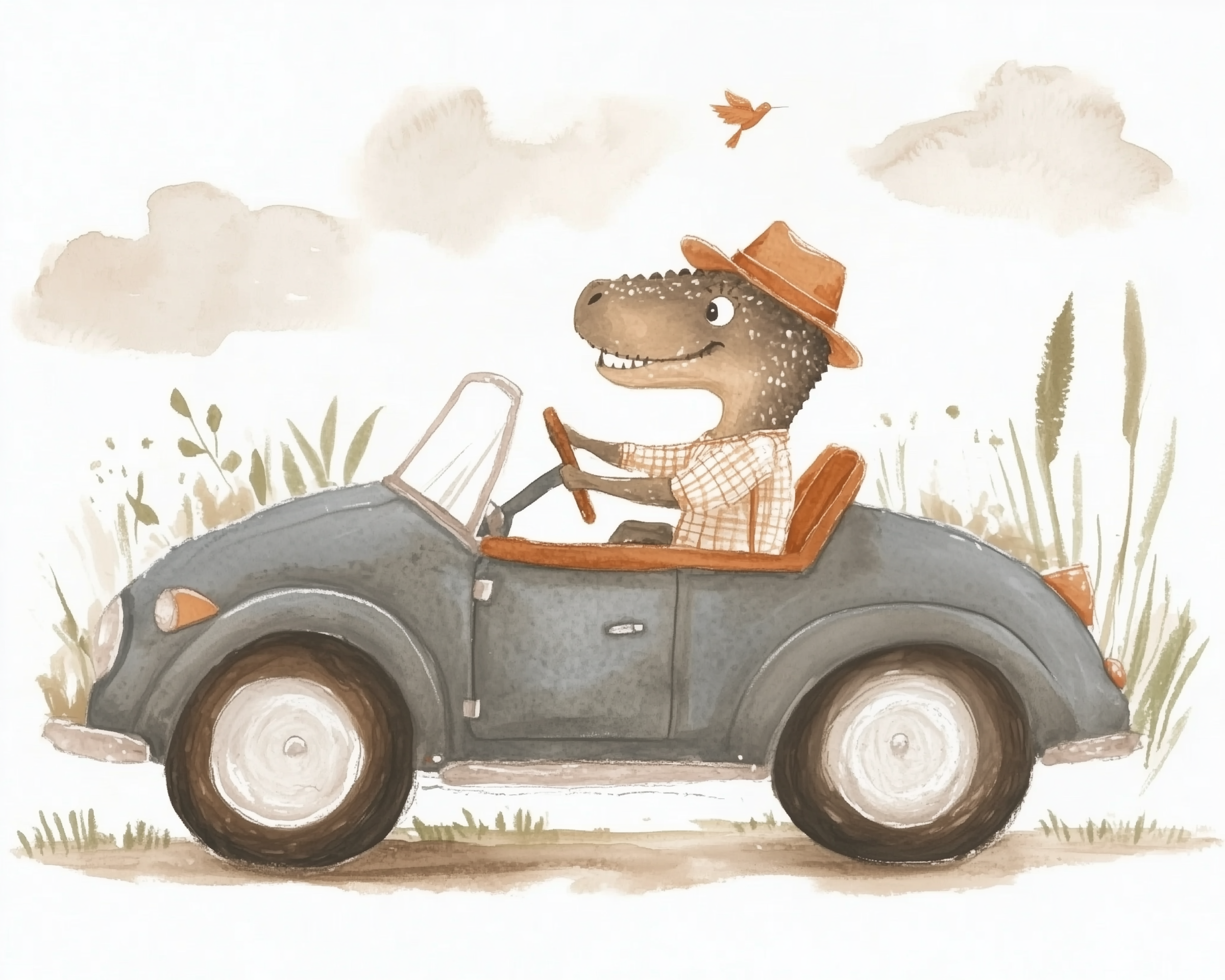 A cheerful dinosaur wearing a fedora and plaid shirt drives a gray convertible car on a sunny day, with tall grasses and a bird flying nearby.
