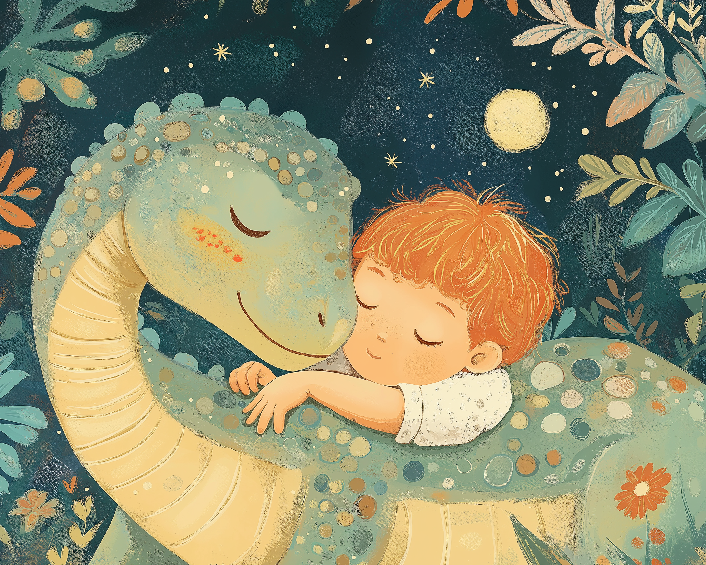 An illustrated red-haired child hugs a large, gentle dinosaur with closed eyes, surrounded by glowing stars, a full moon, and leafy plants.
