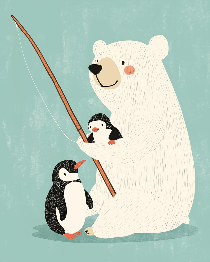 A friendly polar bear holds a fishing rod while sitting with two small penguins, one in its arms and one by its side, against a teal background.
