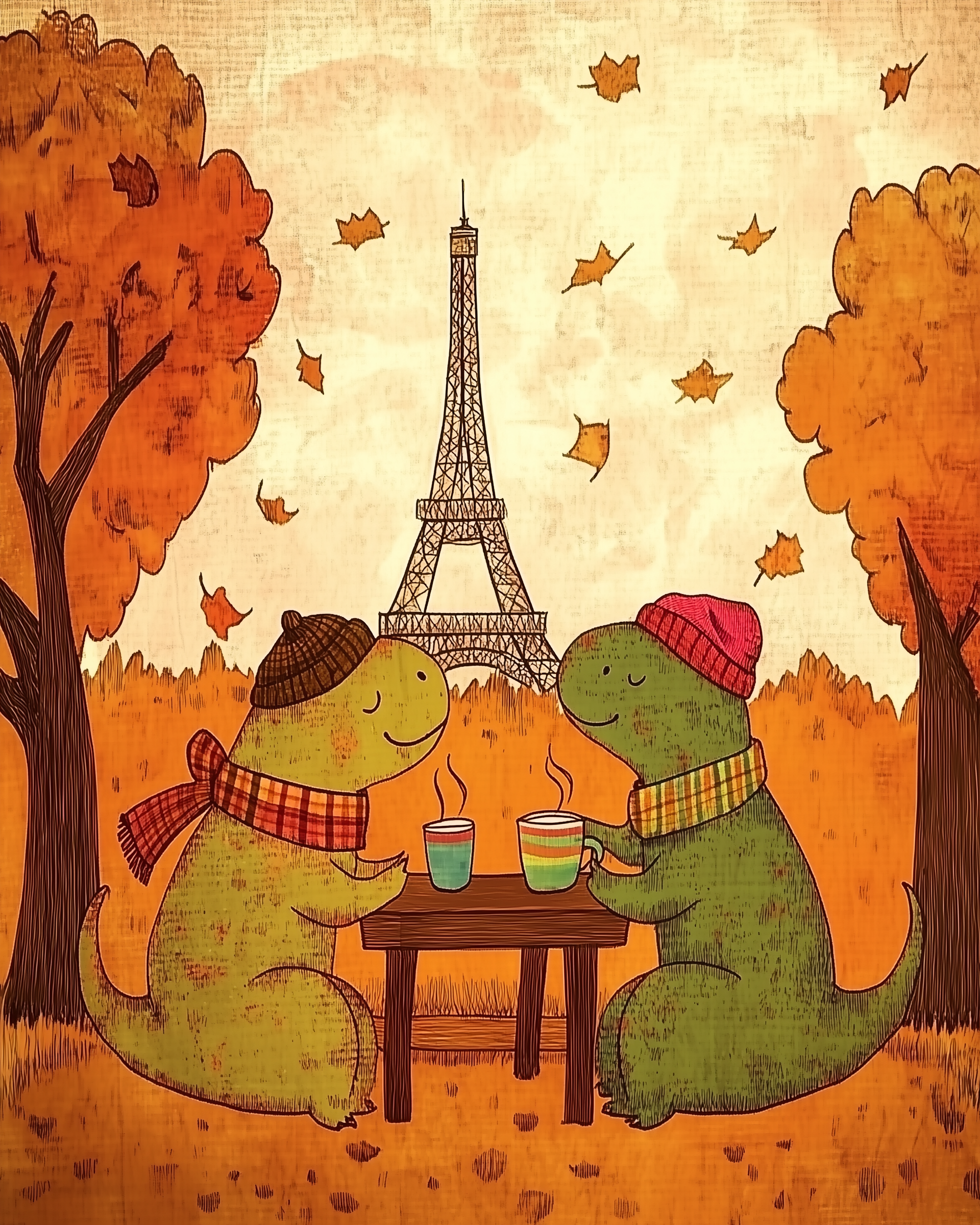 Dressed in cozy scarves and hats, two dinosaurs sit at a table sipping hot drinks as orange leaves fall, with the Eiffel Tower rising behind them.