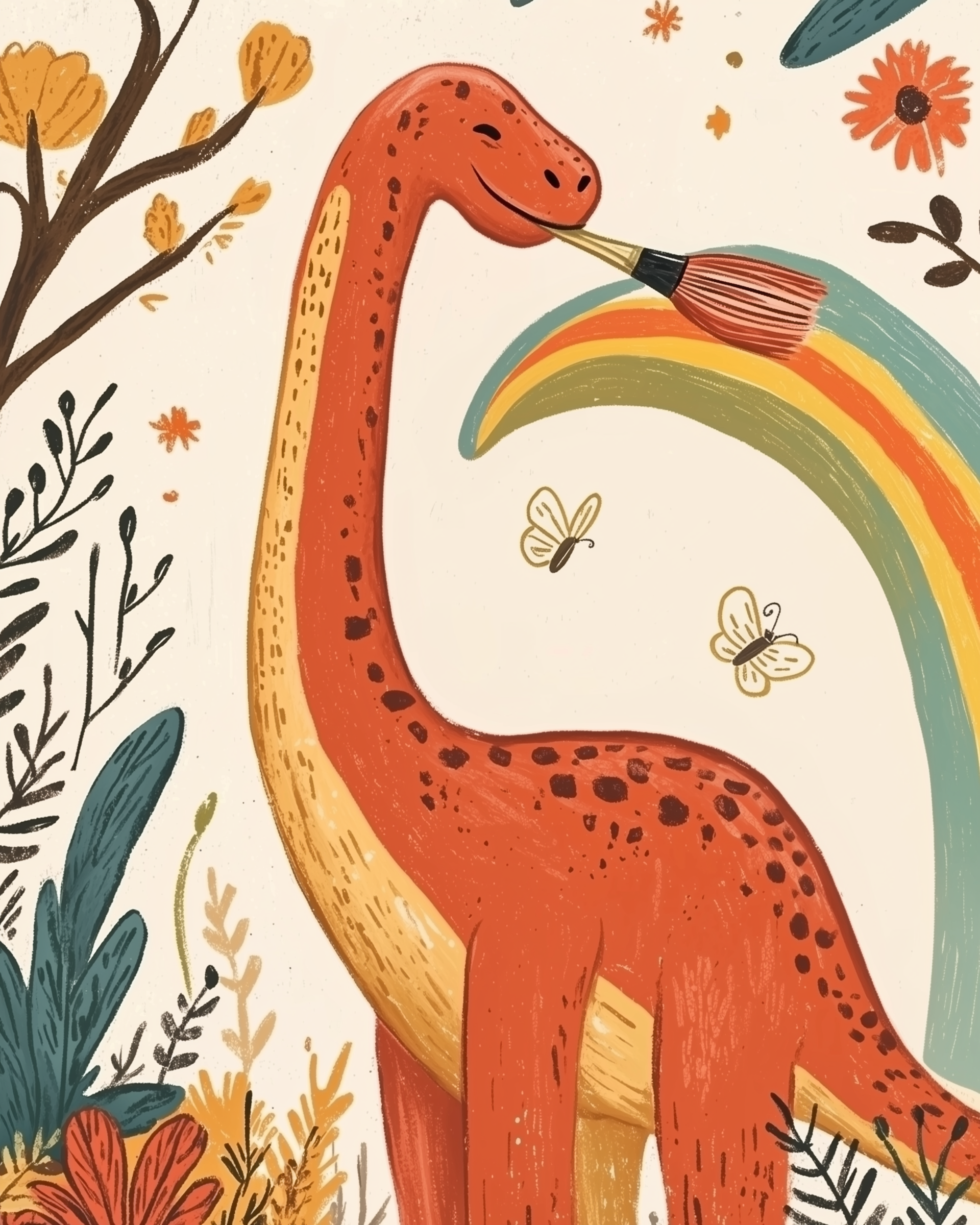 A cheerful orange-red dinosaur stands among colorful plants and butterflies, painting a rainbow in the sky with a paintbrush held gently in its mouth.
