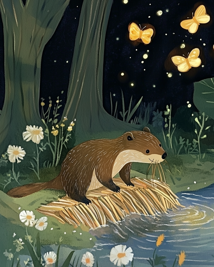 Illustrated brown otter stands on a bundle of reeds by a moonlit stream, holding grasses in its mouth. The nighttime forest is dotted with white daisies and glowing orange butterflies fluttering under a starry sky.