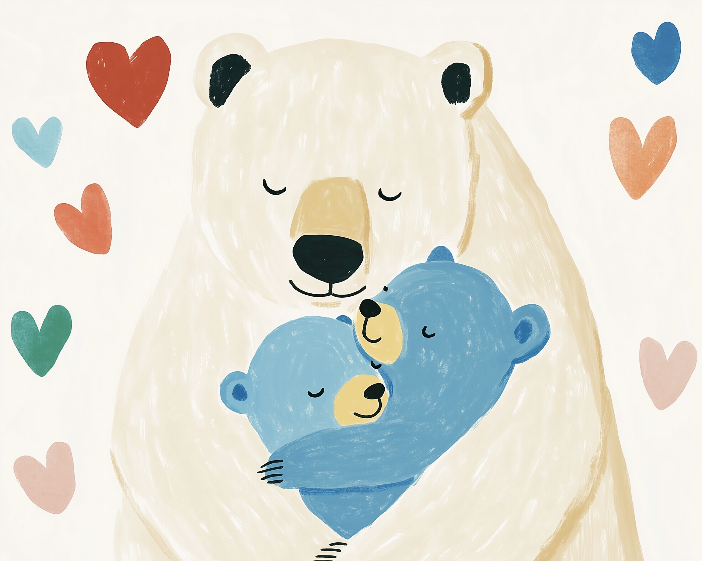 Sweet illustration of a large white bear hugging two smaller blue bears, all with eyes closed and gentle smiles, surrounded by colorful hearts. The image radiates warmth, love, and a sense of family in a soft, playful style.