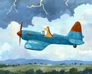 A cartoon giraffe flies a vintage blue and orange airplane through a stormy sky, with bolts of lightning cracking in the background. Below, a green landscape stretches out with hills and trees under the dramatic clouds.