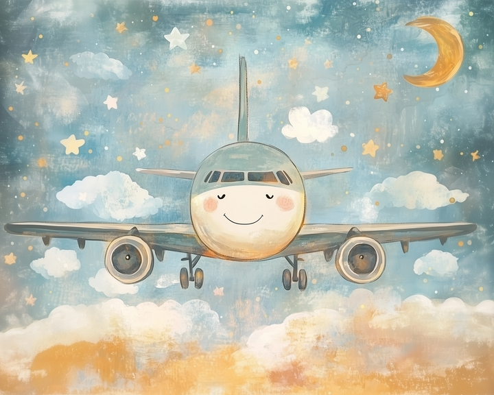 A cartoon-style airplane with rosy cheeks and a smile flies among stars, clouds, and a crescent moon in a textured, dreamy night sky.
