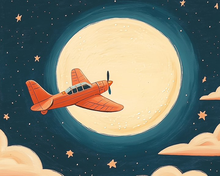 A whimsical red airplane soars through a starry night sky, flying past a giant glowing full moon. Soft clouds and scattered stars add to the dreamy, storybook-style atmosphere.
