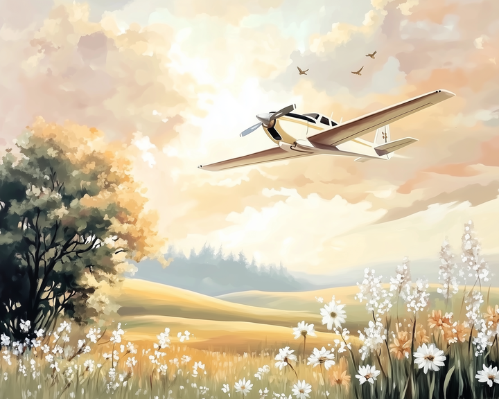 A sleek single-engine airplane soars through a pastel sky, passing over rolling fields filled with white daisies and golden grasses under a warm, glowing sunset.