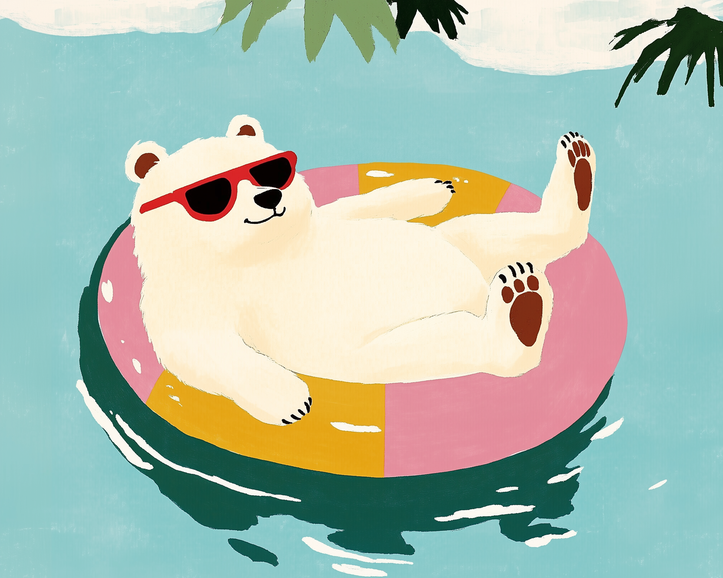 Playful illustration of a white bear wearing red sunglasses, lounging on a pink and yellow pool float in calm blue water. The tropical vibe is enhanced by palm leaves overhead, giving the scene a relaxed, summery feel.