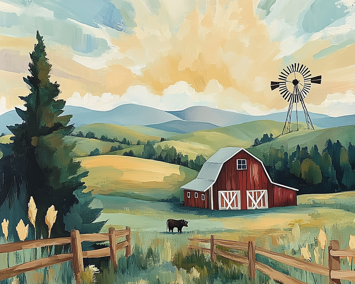 A red barn with white trim sits in a green valley surrounded by rolling hills and a wooden fence, with a windmill on a hill and dramatic clouds in the sky.
