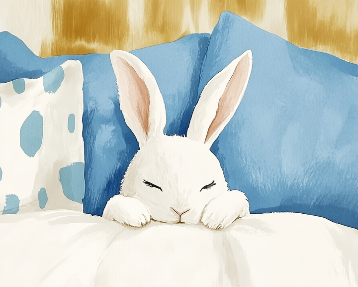 Adorable illustration of a white bunny peacefully sleeping on a bed, nestled between soft blue pillows and a polka-dotted cushion. The cozy scene radiates calm and comfort, with the bunny’s relaxed expression adding to the gentle bedtime vibe.