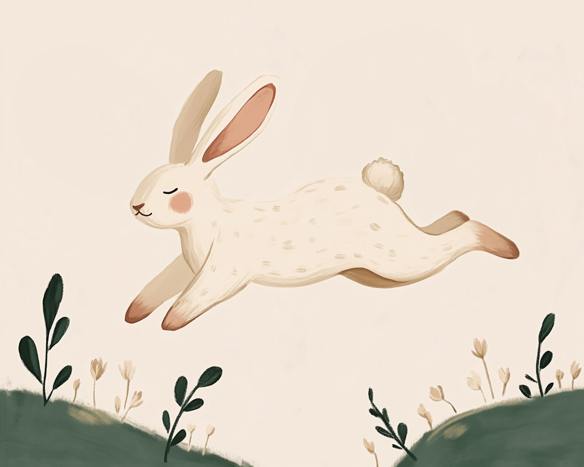 Delicate illustration of a light cream-colored bunny mid-leap over green hills with soft floral accents. The bunny's eyes are closed in peaceful joy, capturing a sense of freedom and gentle motion in a calm, pastel-toned landscape.